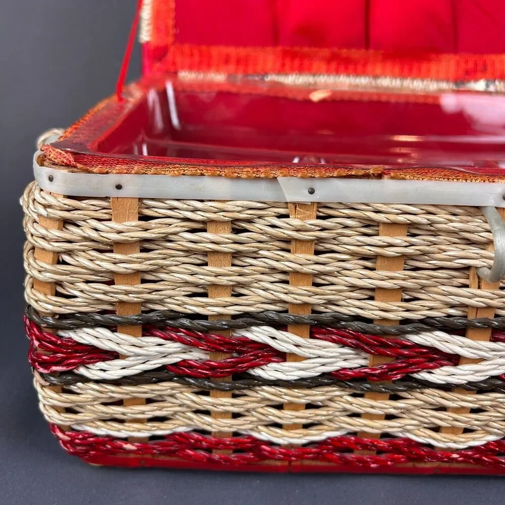 Charming Vintage Cream + Red Wicker Sewing Box 11
